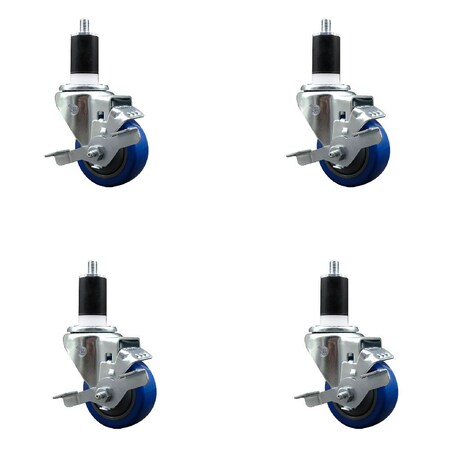 Service Caster 3'' Blue Poly Swivel 1-1/2'' Expanding Stem Caster Set with Brake, 4PK SCC-EX20S314-PPUB-BLUE-TLB-112-4